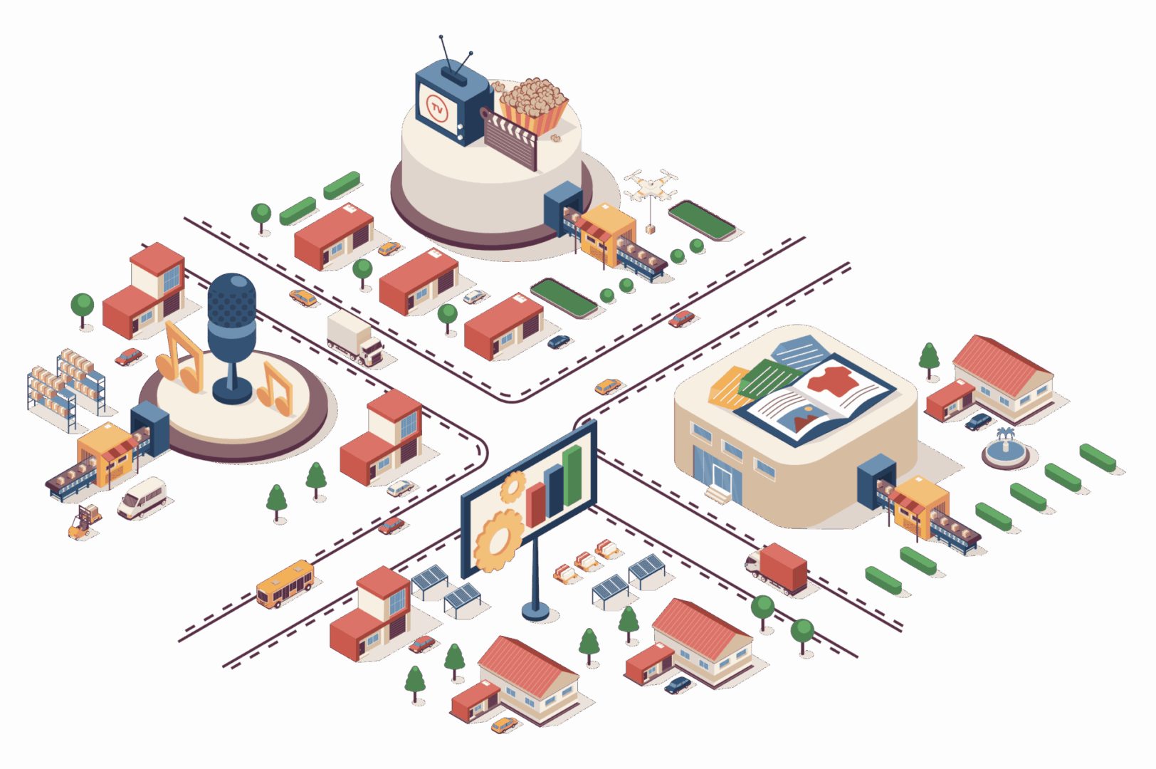 Isometric city block with buildings and roads.