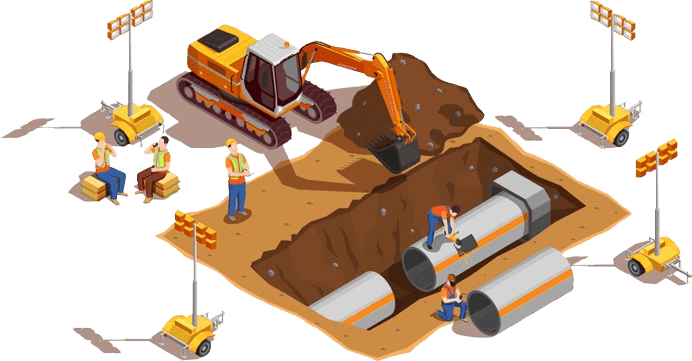 Construction workers installing large pipes using an excavator.